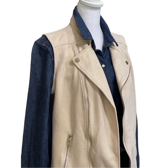 Solitaire Gold Shimmer Moto Vest Women’s Sz M Pockets Metallic Spandex Stretch - Picture 10 of 14